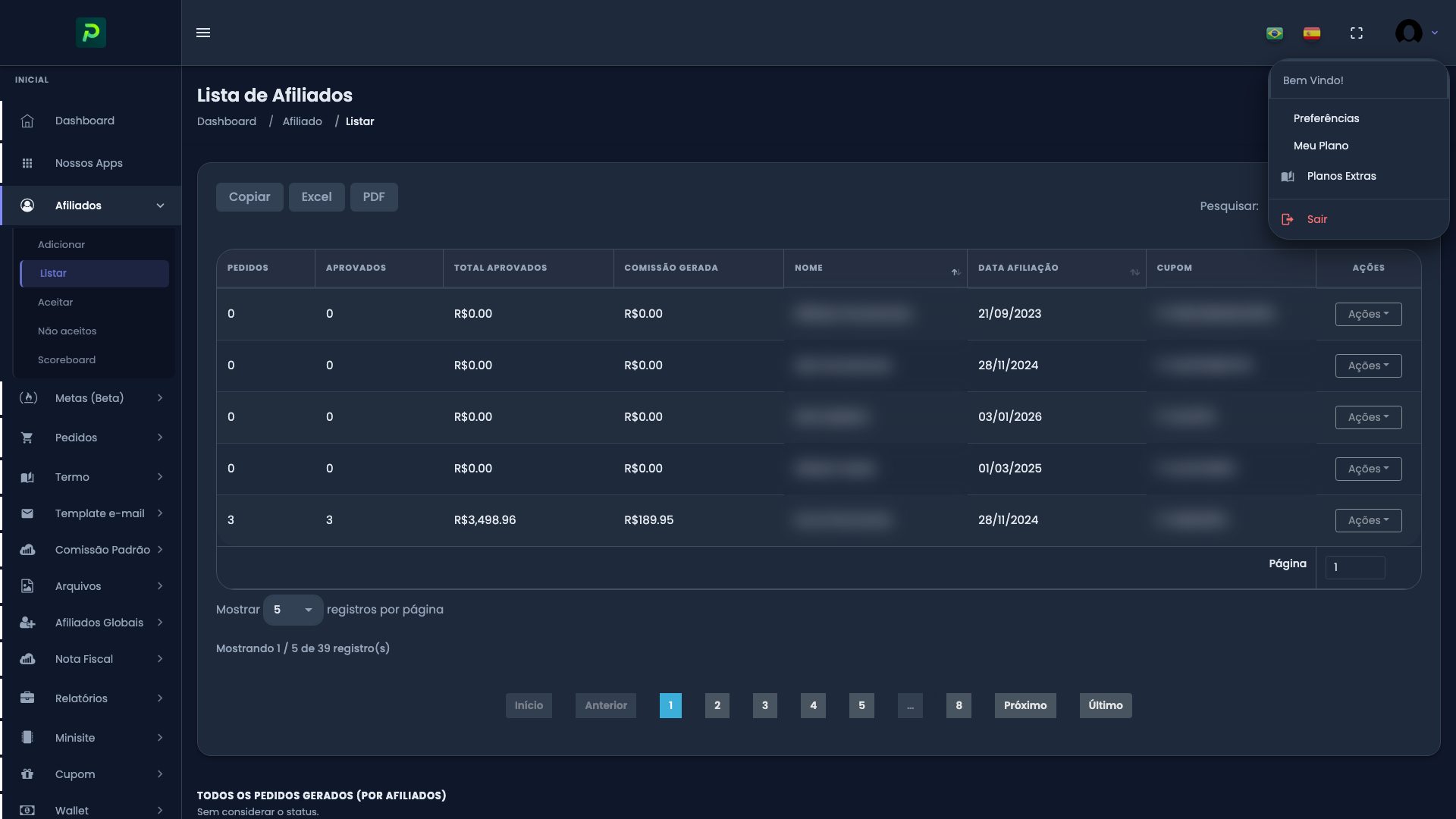 Menu do usuário (boneco) com Preferências