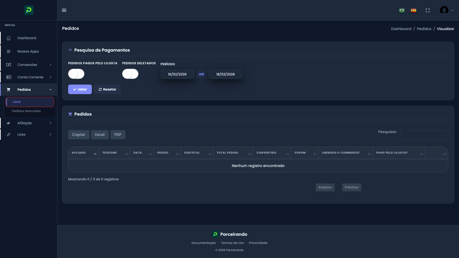 Pedidos Listar Afiliado