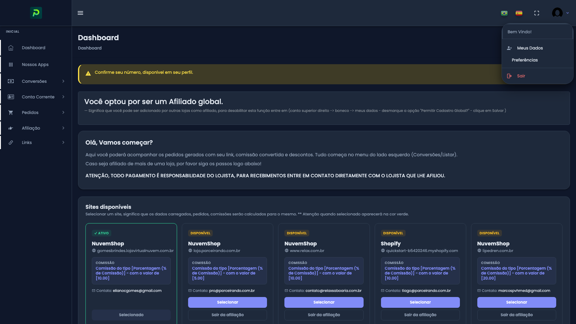 Menu do usuário (boneco) com Meus Dados