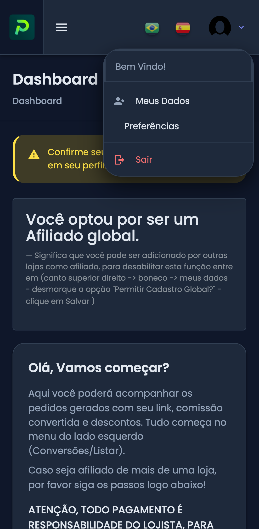 Menu do usuário Mobile Afiliado